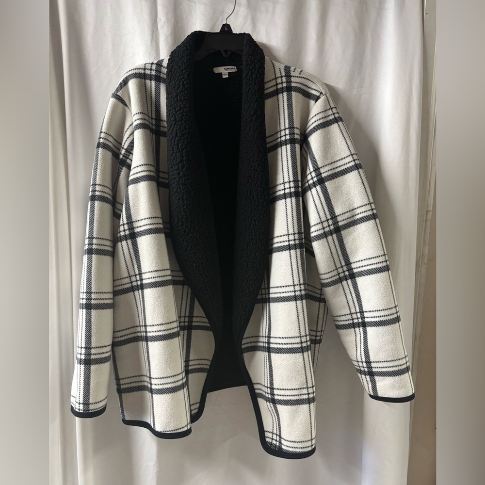 Sonoma Goods For Life Womens 1X Plaid Fleece Sherpa Shawl Collar Cardigan Jacket